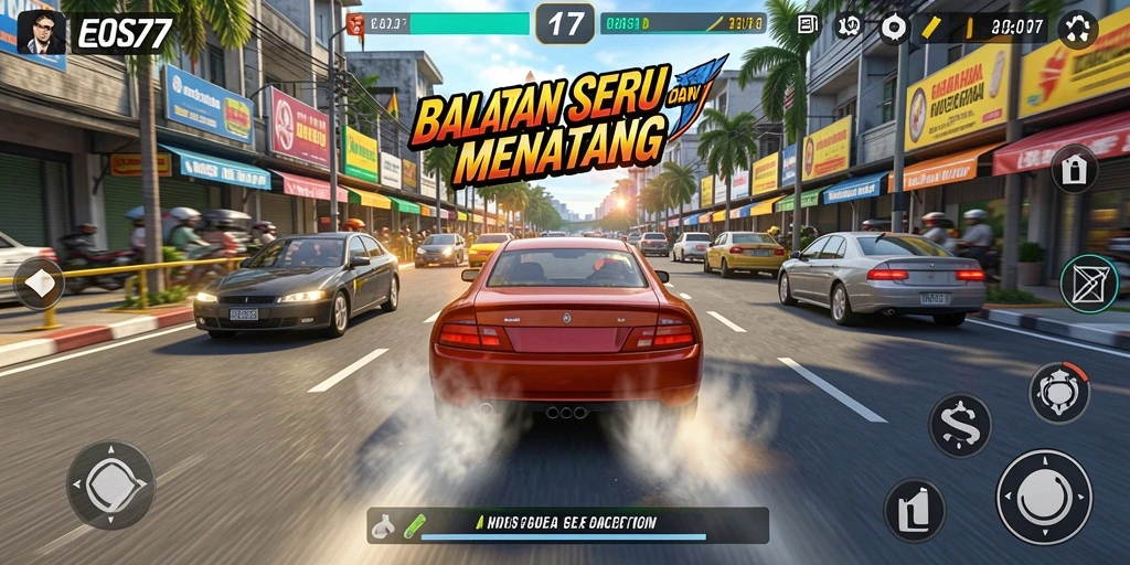 Gameplay balap seru di EOS77 dengan mobil yang bertenaga.