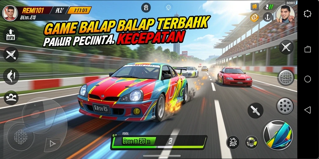 Tangkapan layar gameplay <strong>REMI101</strong> dengan mobil balap melaju kencang di lintasan.